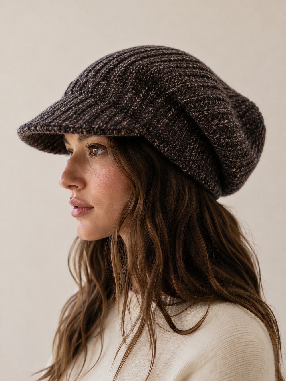 Textured Knit Visor Beanie in Chocolate Brown